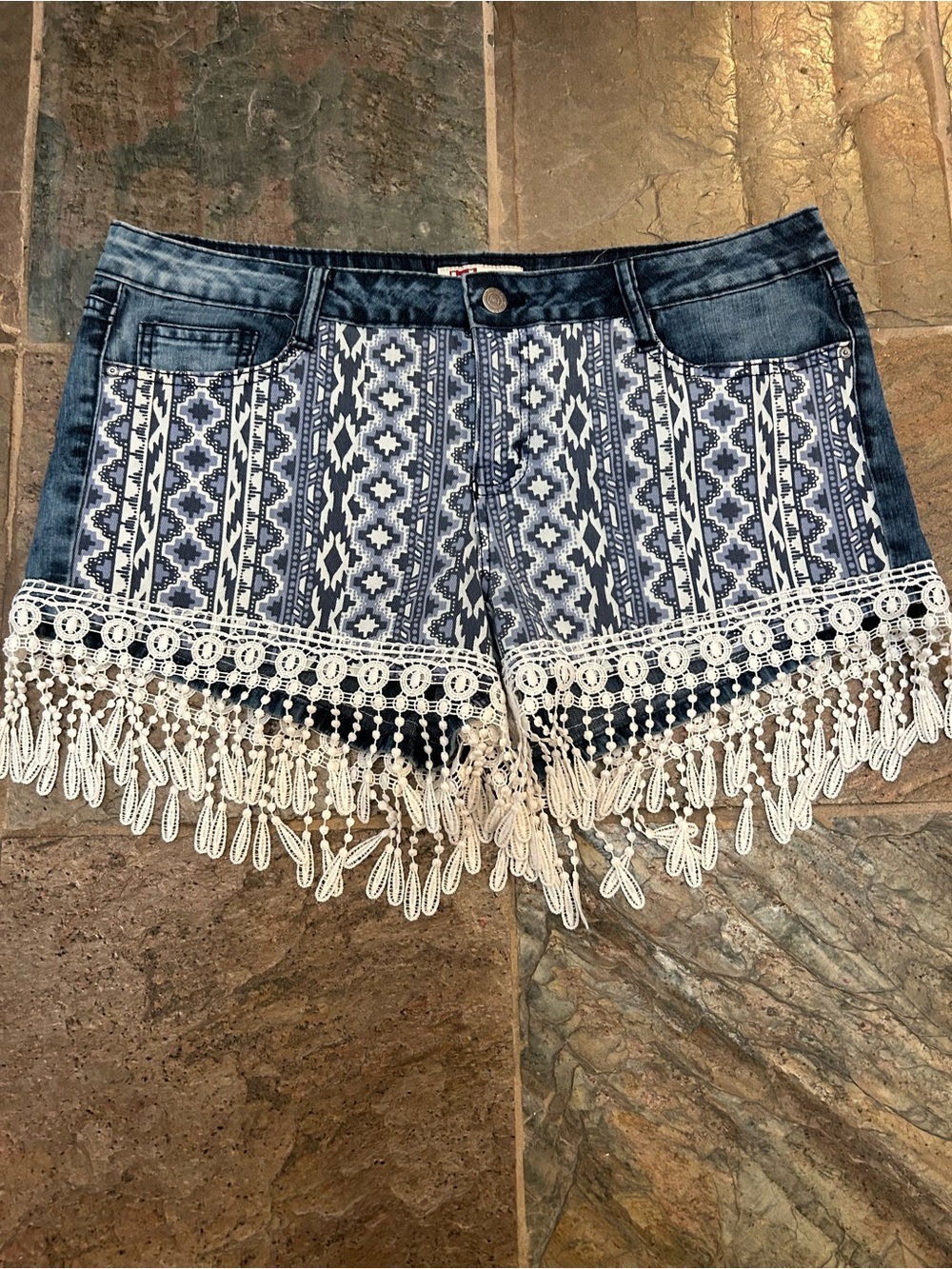 Women’s Blue Patterned Denim Shorts with White Crochet Fringe, Size 17